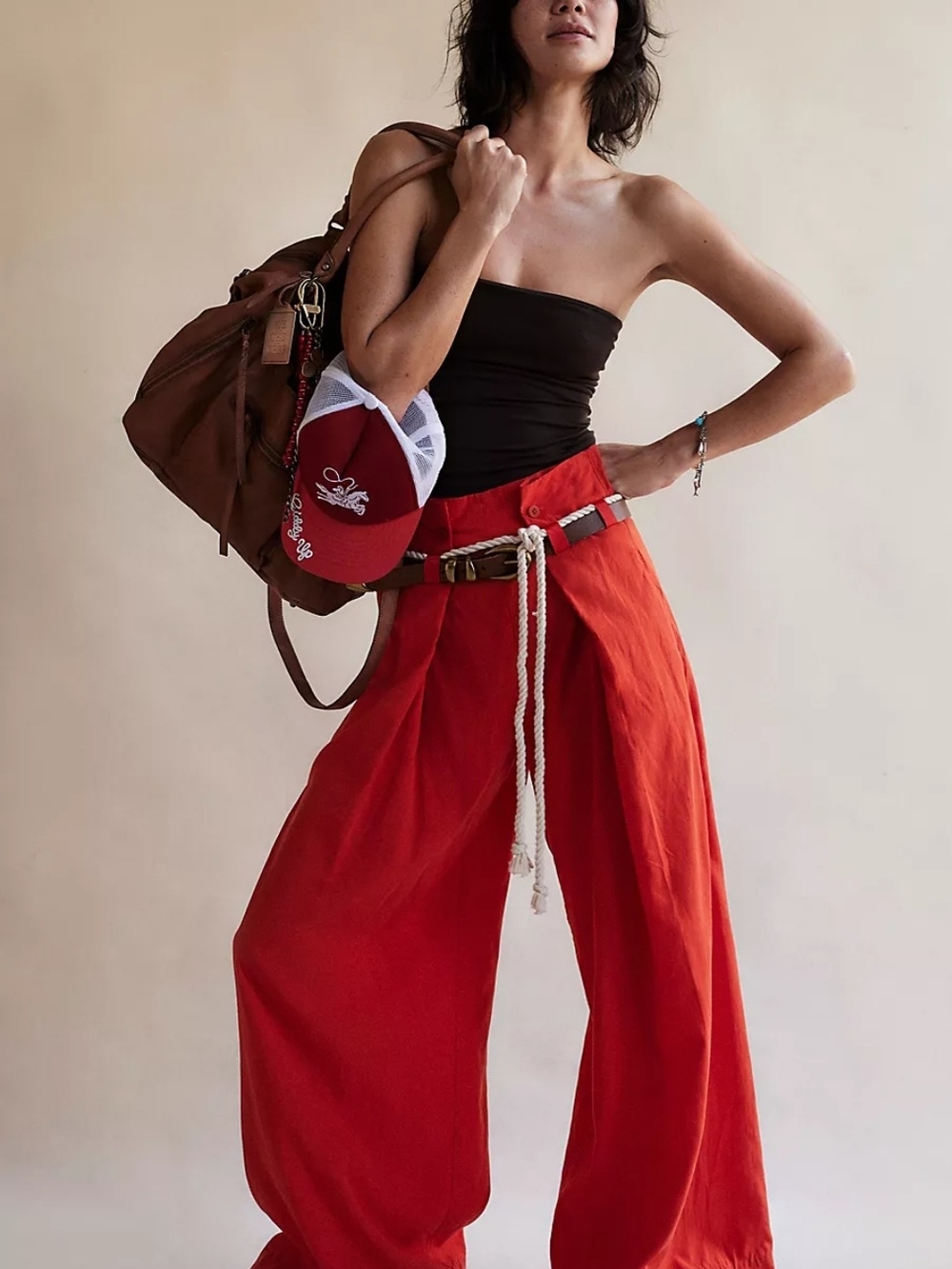 Free People High-Rise Wide-Leg Red Linen-Blend Pants